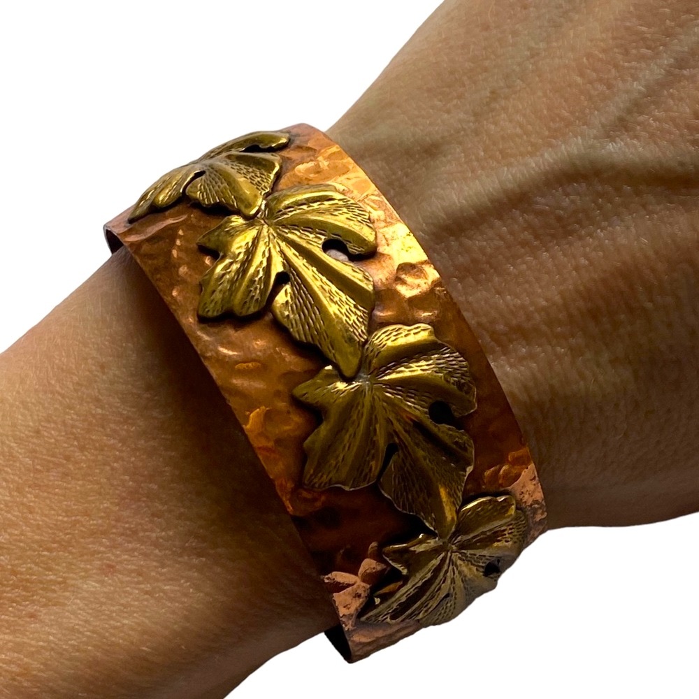 Hammered copper cuff bracelet with gold leaves